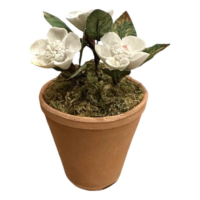 Vintage Petite Potted French Porcelain Bisque & Tole White Gardenia Flower / Floral Arrangement in Terracotta Pot For Sale