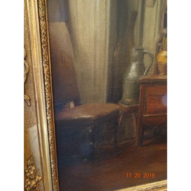 Beautiful 19th century French Interior painting, oil on canvas in a gilt wood frame. A vasselier filled up with painted...
