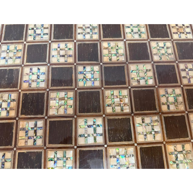 Traditional Handmade Arabic Folding Chess Table – Solid Wood & Mother of Pearl Inlay For Sale - Image 3 of 11