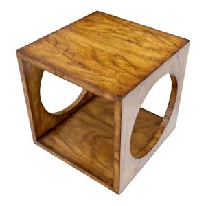 Geometrical Cube Shape Burl Flame Wood Pattern Side Table