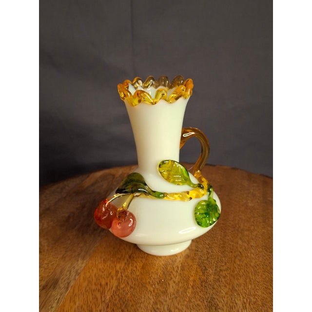 Cream Antique Stevens & Williams Uranium Custard Glass Vase Applied Fruit Cherries 5" C. 1880 For Sale - Image 8 of 18