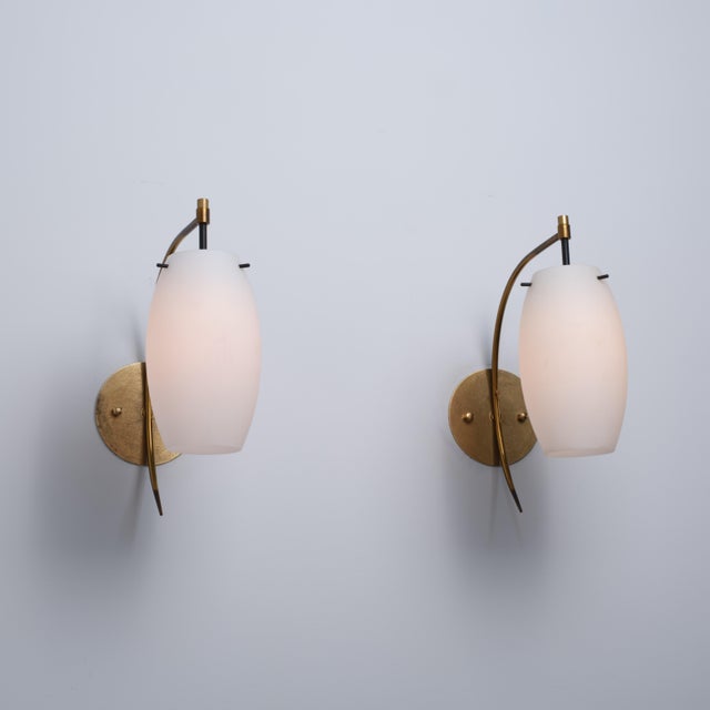 Gold Italian Brass and Opaline Glass Wall Sconces with Arched Arms, 1950s, Set of 2 For Sale - Image 8 of 9