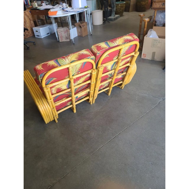 1950s Restored 5-Strand Square Pretzel Rattan Settee With Barkcloth Cushions For Sale - Image 4 of 6