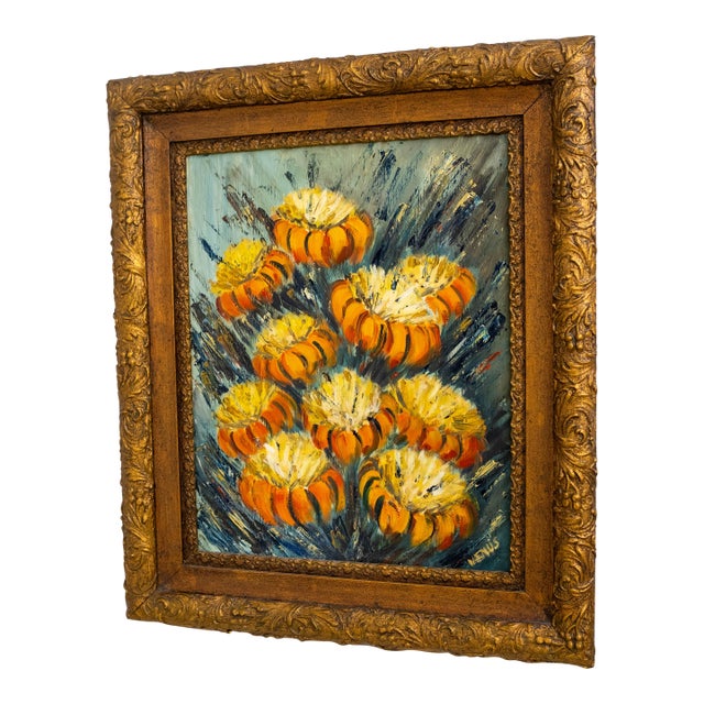 Abstract Still Life Orange Flowers Oil Painting on Canvas Painting Signed For Sale