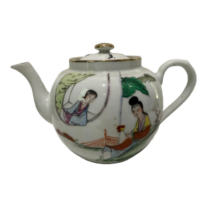 Antique Chinese Famille Rose Porcelain Teapot Poem Figures Red Characters Mark
