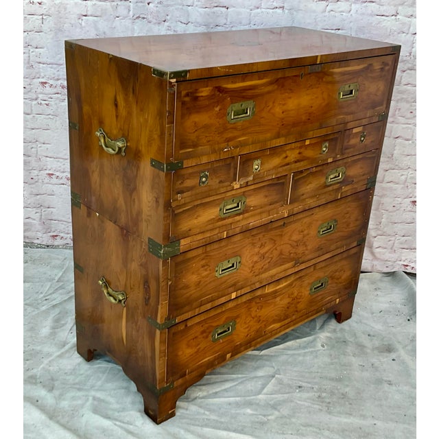 Wood Regency Style Walnut Campaign Chest of Drawers With Brass Accents For Sale - Image 7 of 13