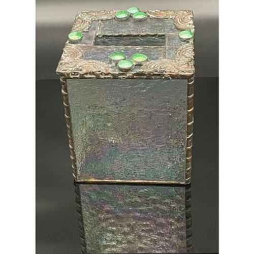 Handmade stained glass tissue box cover in shimmering iridescent textured glass with green cabochon accents & ornate metal...