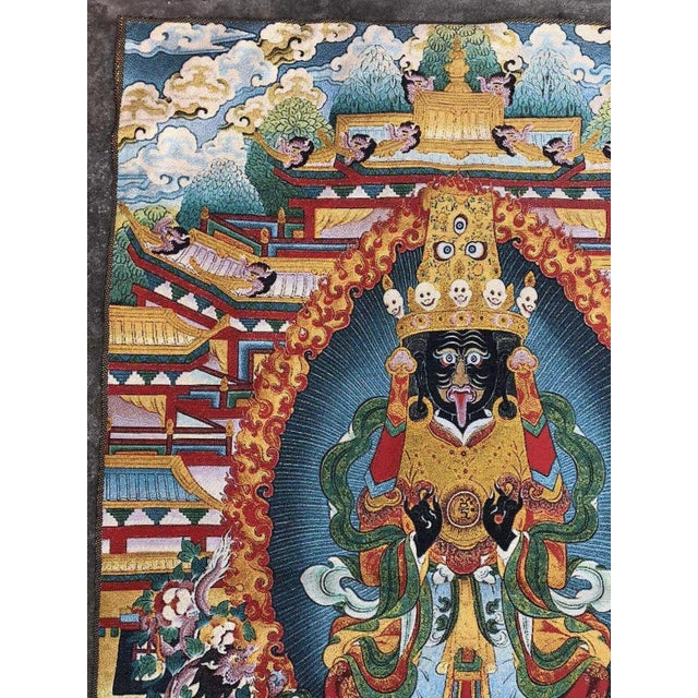 Chinese Xizang Embroidery and Brocade Thangka Buddha Painting - Wrathful Deity Protector Wall Art - Hand Painted Buddhist Sacred Scroll - Mid 20th Century For Sale - Image 3 of 6