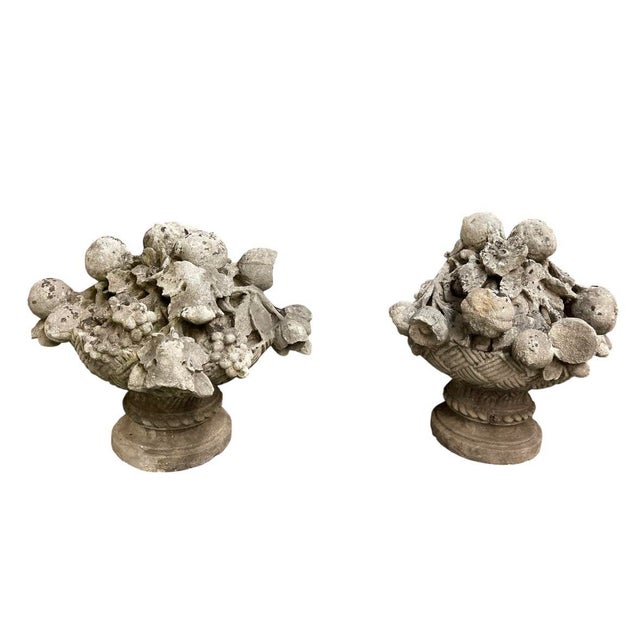 Traditional Pair of Vintage Cast Stone Fruit Basket Garden Finials For Sale - Image 3 of 12