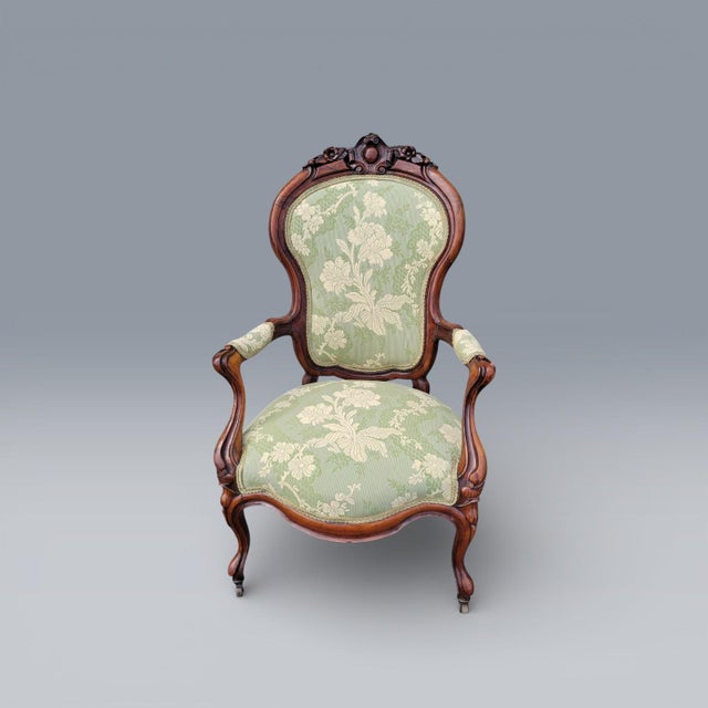 19th Century American Carved Rosewood Living Room Arm Chairs Newly Upholstered For Sale - Image 18 of 18