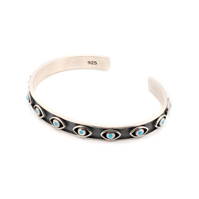 Turquoise Evil Eye Sterling Silver Cuff Bangle Bracelet For Sale - Image 4 of 7
