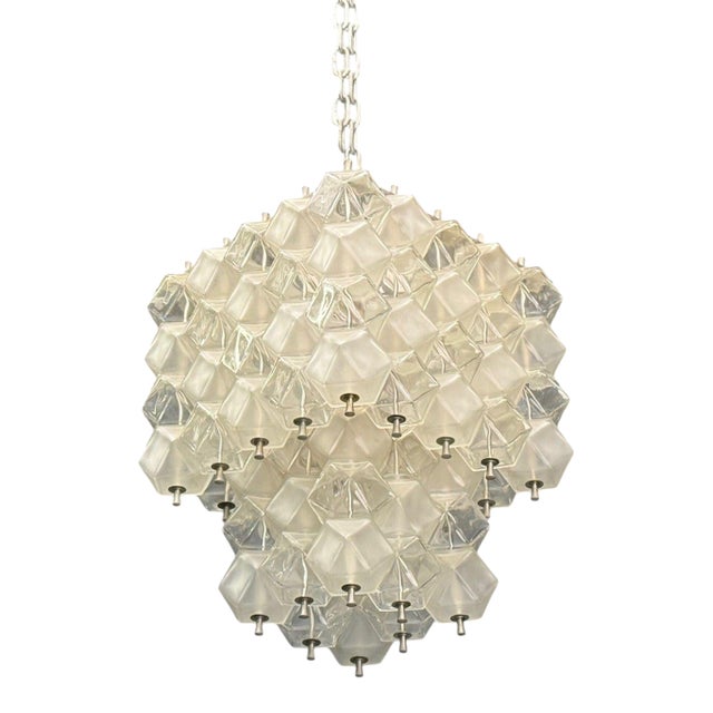 Venini Poliedri, Faceted Glass, Metal, Geometric Chandelier, Italy, 1950s For Sale