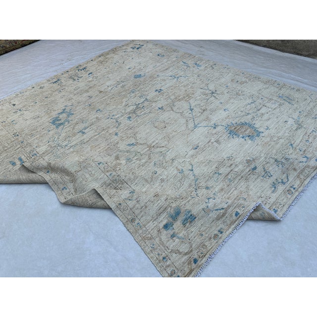 2000 - 2009 Ivory and Soft Blue Oushak Wool Rug With Floral Border For Sale - Image 5 of 7
