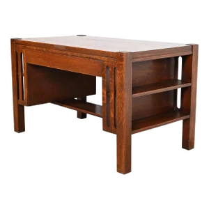 Stickley Brothers Style Antique Mission Oak Arts & Crafts Desk or Library Table With Built-In Bookcases
