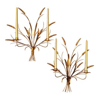 Coco Chanel Style 1950s Italian Gilded Wheat Sheaf Wall Candle Sconces - Signed on Metal Tag: Made in Italy - a Pair For Sale