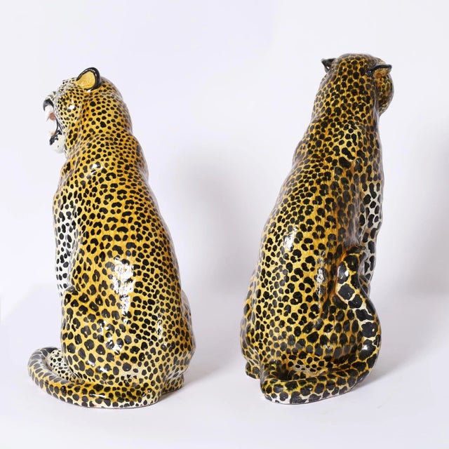 Mid-Century Modern Pair of Vintage Italian Glazed Terra Cotta Leopard or Cat Sculptures For Sale - Image 3 of 10
