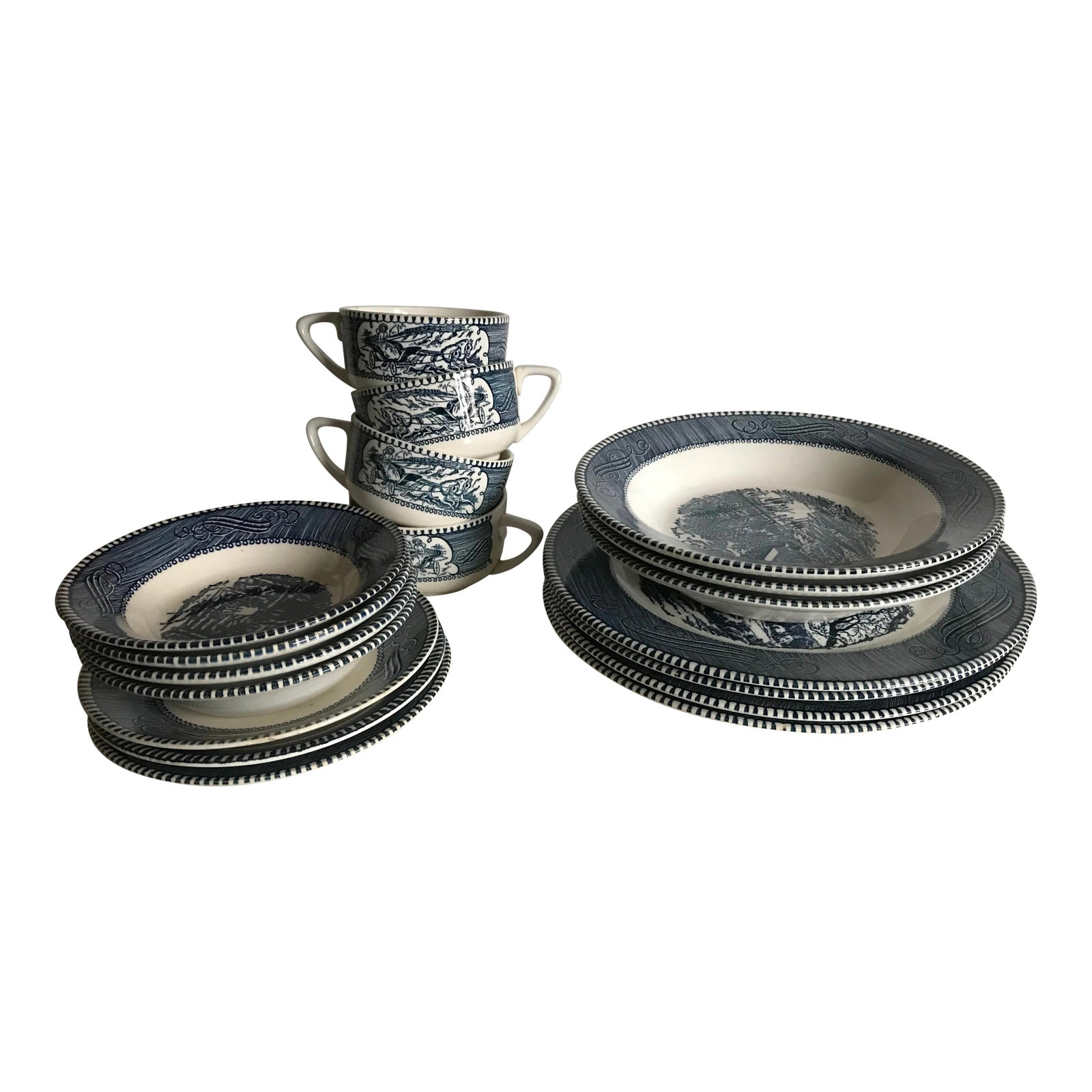 Mid 20th Century Currier and Ives “Early Winter” Blue and White