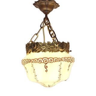 Antique Art Nouveau French Ceiling Lamp with Cream Painted Glass Shade on Brass and Bronze Mount, 1910s For Sale