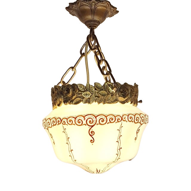 Antique Art Nouveau French Ceiling Lamp with Cream Painted Glass Shade on Brass and Bronze Mount, 1910s For Sale