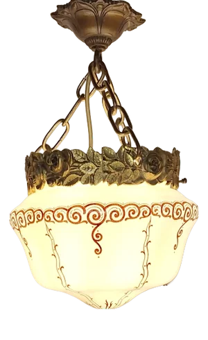 Antique Art Nouveau French Ceiling Lamp with Cream Painted Glass Shade on Brass and Bronze Mount, 1910s