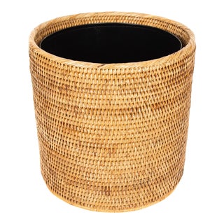 Artifacts Rattan Round Waste Basket with Metal Liner in Honey Brown - 11" For Sale