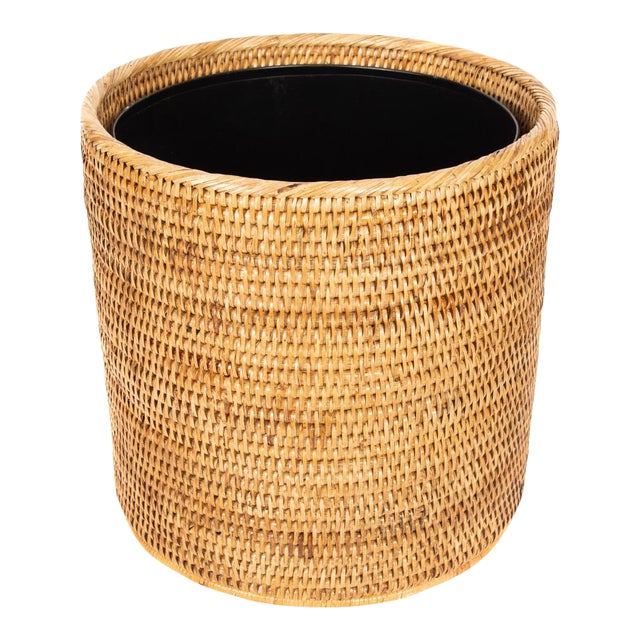 Artifacts Rattan Round Waste Basket with Metal Liner in Honey Brown - 11" For Sale