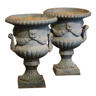 Pair of 19th Century French Napoleon III Verdigris Iron Outdoor Garden Vases For Sale