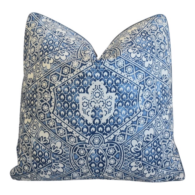 Stunning French Designer Blue & White Floral Botanical Feather/Down Pillow For Sale
