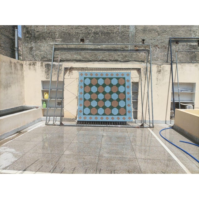 Handmade New Zealand Wool Dhurrie, Sky Blue, Beige and Green Swedish Tile Rug- 78"x88" For Sale - Image 6 of 13