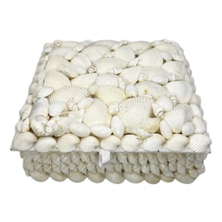 Vintage White Square Shell-Encrusted Trinket Box For Sale