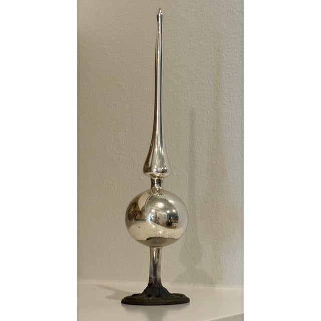 Metal Antique Blown Mercury Glass Christmas Tree Topper With Metal Stand For Sale - Image 7 of 11