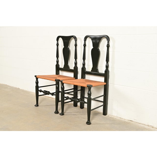 Eldred Wheeler Queen Anne Black Lacquered Side Chairs or Dining Chairs With Rush Seats, Pair For Sale - Image 13 of 13