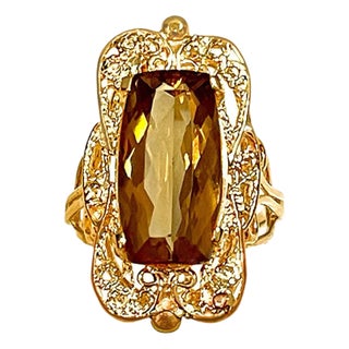 6 Carat Natural Long Cushion Shape Citrine Cocktail Ring in 14 Karat Yellow Gold For Sale