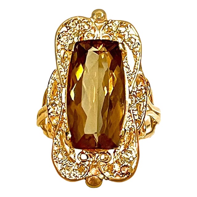 6 Carat Natural Long Cushion Shape Citrine Cocktail Ring in 14 Karat Yellow Gold For Sale