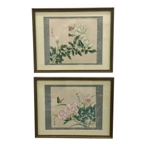 Pair of Original Chinese Watercolors of Flowers and Butterflies