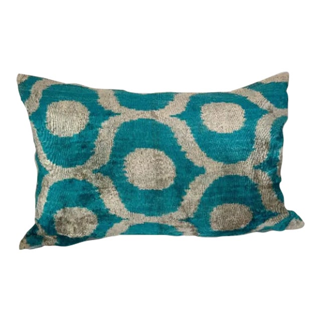 Turkish Modern Blue Velvet Silk Ikat Pillow Cover For Sale