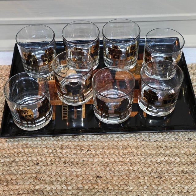 Black 1950s Mid Century Modern Couroc Monterey Fish Rocks Glasses Set of 8 With Tray For Sale - Image 8 of 18