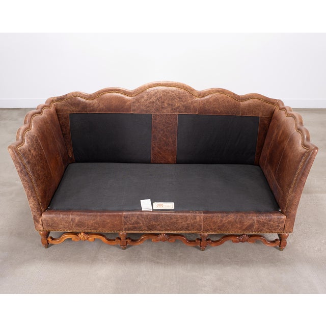 Wood Country English Style Distressed Leather and Walnut Sofa For Sale - Image 7 of 18