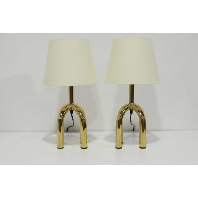 A unique Danish brass finish lamp, 1980s. Linen shade.