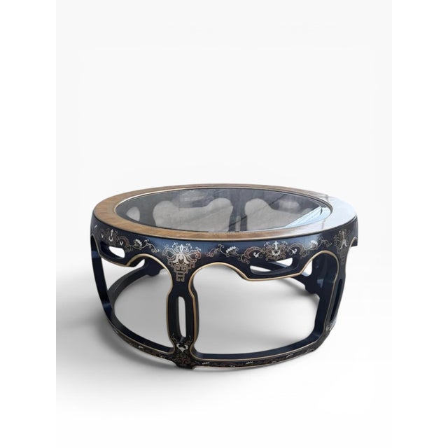 Paint Vintage Drexel Chinoiserie Black Lacquer & Gold Gilt Round Glass Drum Coffee Table For Sale - Image 7 of 13