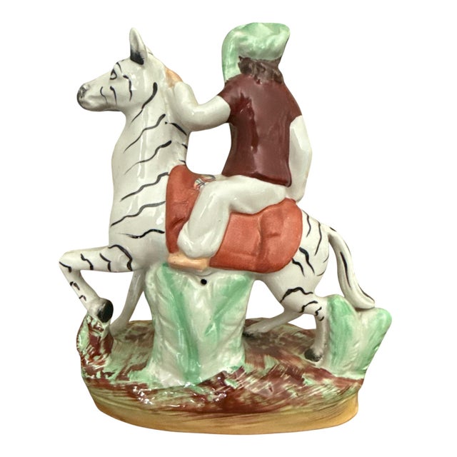 Ceramic Vintage English Staffordshire Style Equestrian Figure With Zebra-Striped Horse, C. 1920s–40s For Sale - Image 7 of 8