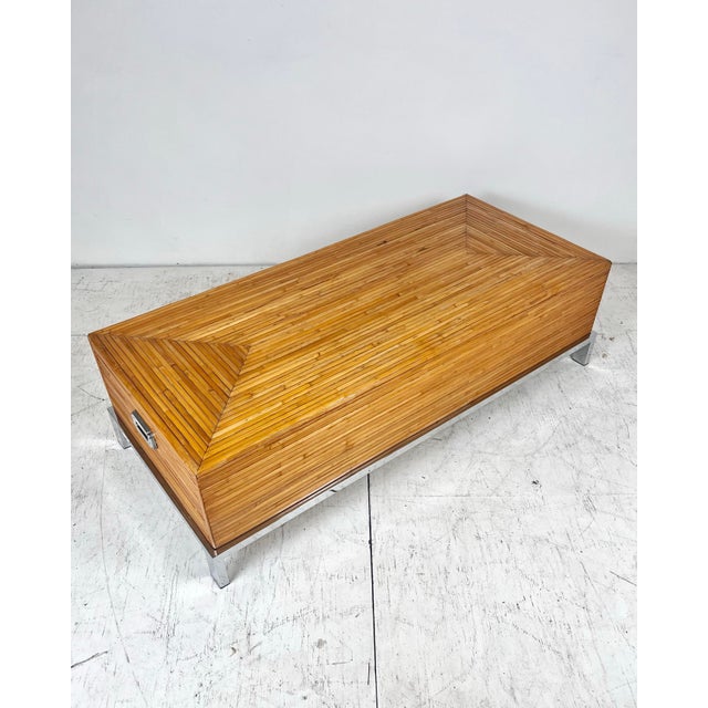 Milo Baughman Vintage Milo Baughman Style Split Reed Rattan Bamboo Chrome Coffee Table For Sale - Image 4 of 12