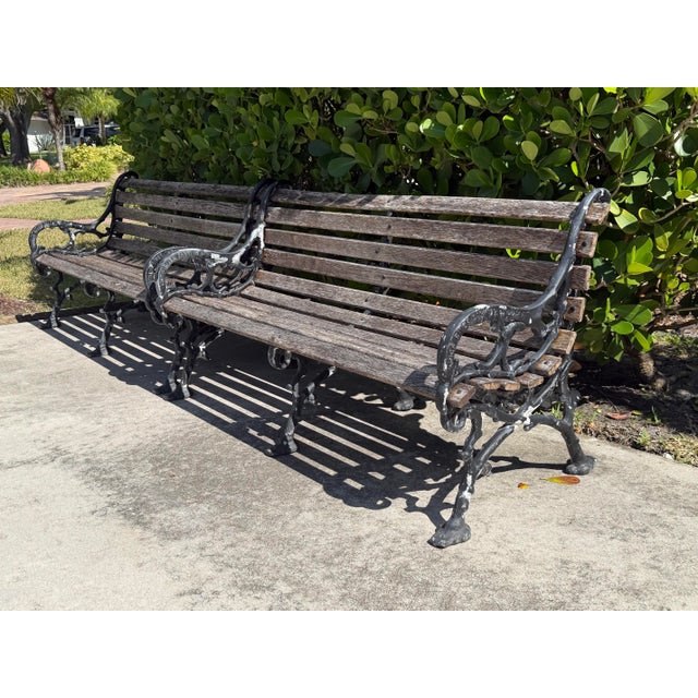 Metal Vintage Cast Aluminum & Oak Garden Benches, Pair For Sale - Image 7 of 12