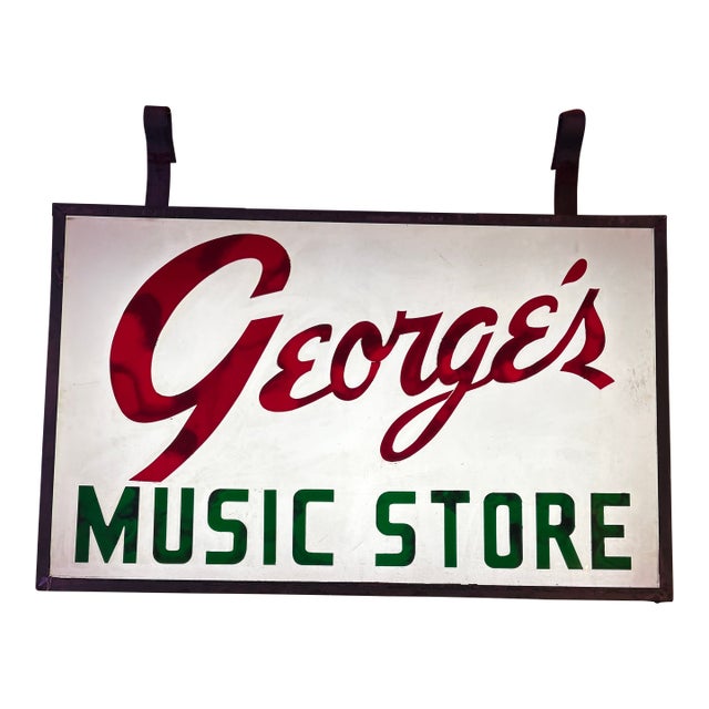 Large Vintage "George's Music Store" Commercial Hanging Sign For Sale