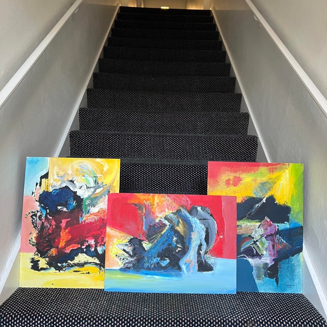 A cohesive triptych of original abstract acrylic paintings by Elise Friederike, created in Rio de Janeiro, Brazil in 1989....