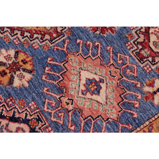 1990s Shabby Chic Tribal Super Kazak Blue/Beige Wool Rug - 9'0'' X 12'1'' For Sale - Image 5 of 10
