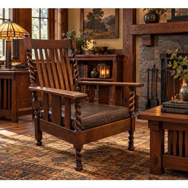 Wood Antique Arts & Crafts, Original Stickley Brothers, Oak, Slat Back, Very Rare Barley Twist Stiles & Legs Lounge Chair. Labeled and Stamped For Sale - Image 7 of 10