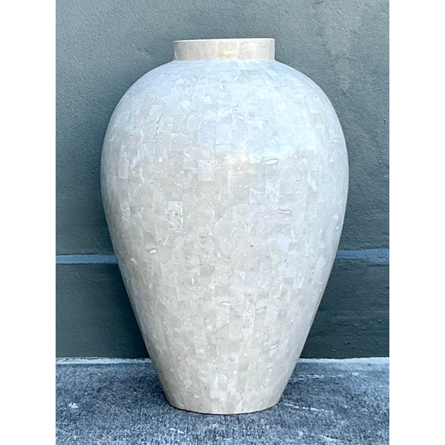 This monumental floor vase is a breathtaking masterclass in Postmodern design, featuring an intricate tessellated stone...