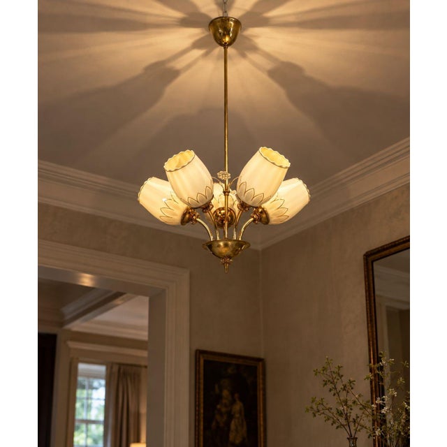 Paavo Tynell Style, Itsu, Finnish Mid-Century Modern, Snowflake Pendant Light or Chandelier, Polished Brass, Glass,...