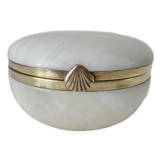 C.1970's Vintage Italian Alabaster Marble & Brass Round Lidded Keepsake Box For Sale